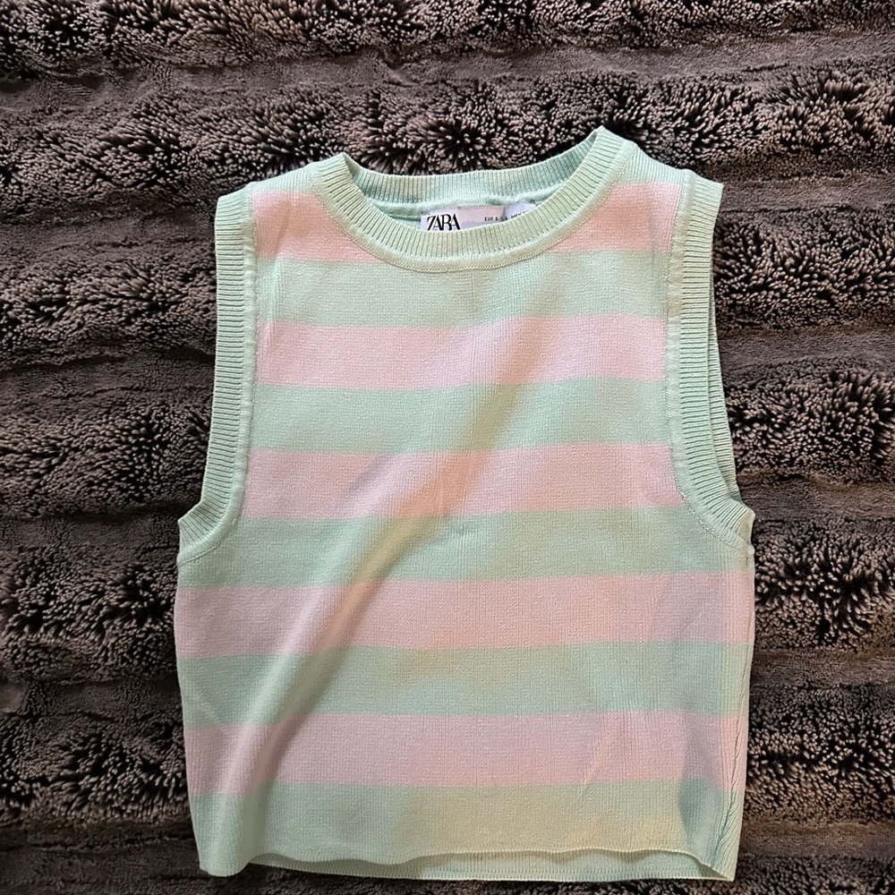 Zara Kids Mint Green and Pink Striped Sleeveless Top
